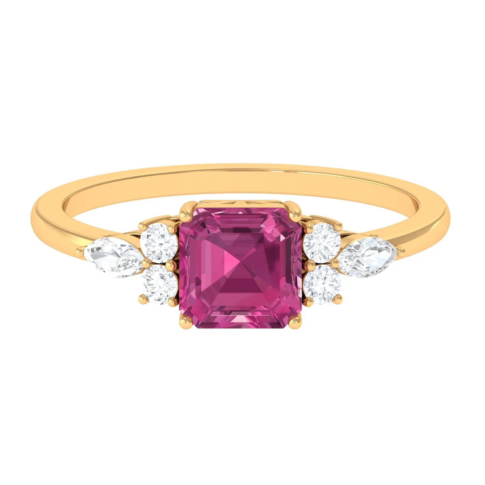 Asscher Cut Pink Tourmaline Solitaire Engagement Ring with Diamond Trio