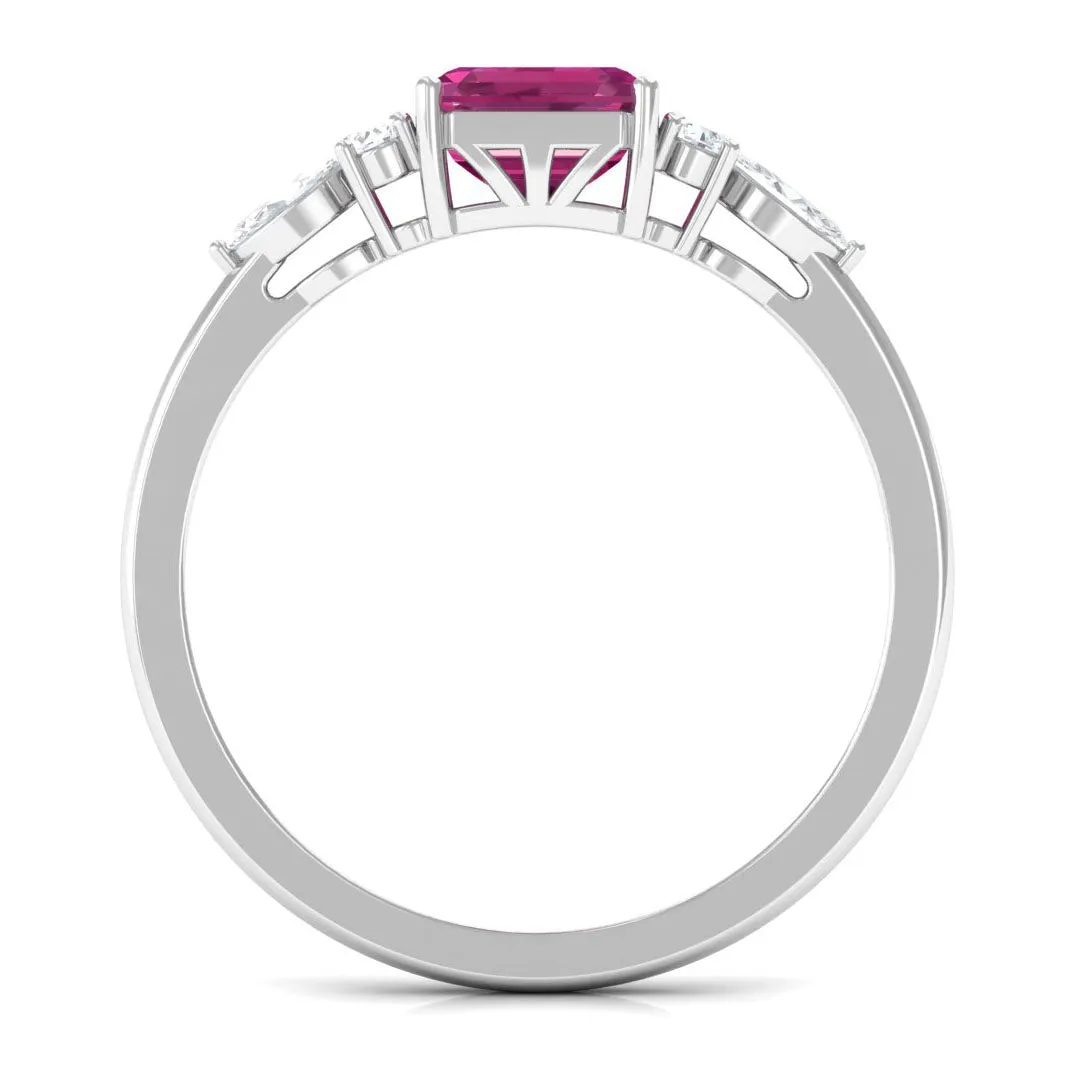 Asscher Cut Pink Tourmaline Solitaire Engagement Ring with Diamond Trio