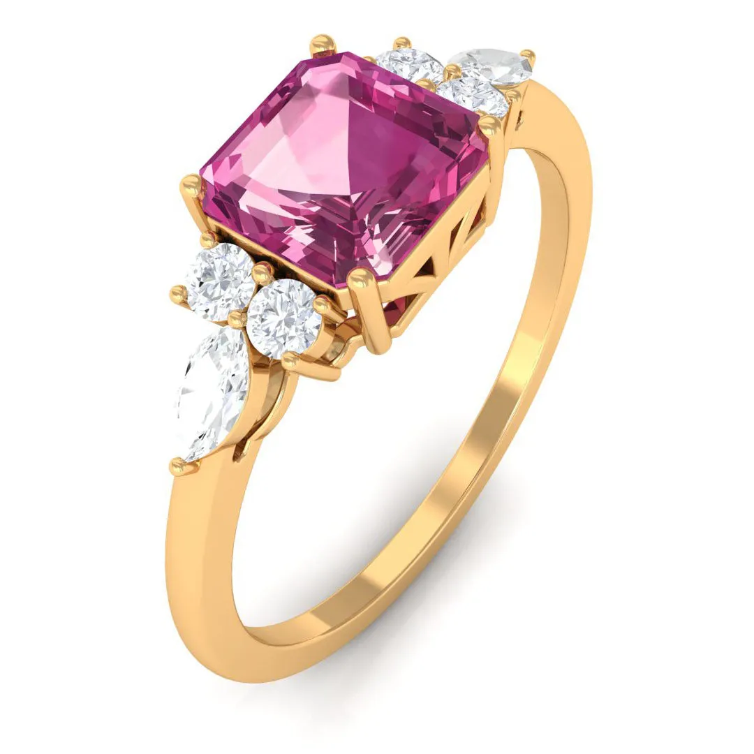 Asscher Cut Pink Tourmaline Solitaire Engagement Ring with Diamond Trio