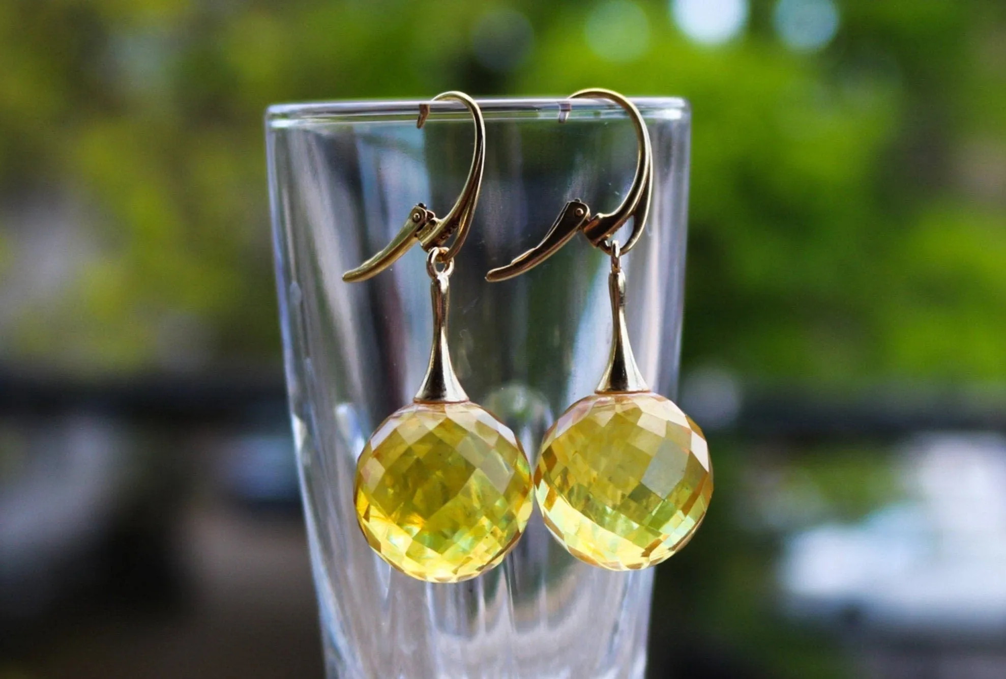 Baltic Amber Earrings Faceted Lemon Yellow Ball Gold Plated Dangling Jewelry 1.9" 8.7 gram