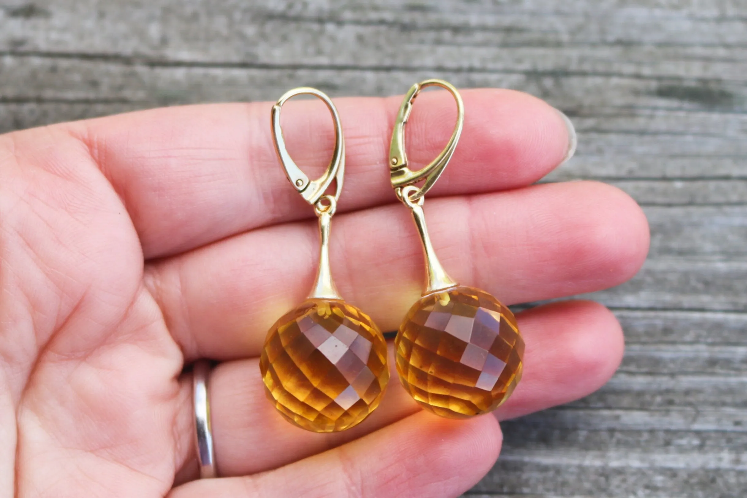 Baltic Amber Earrings Faceted Lemon Yellow Ball Gold Plated Dangling Jewelry 1.9" 8.7 gram