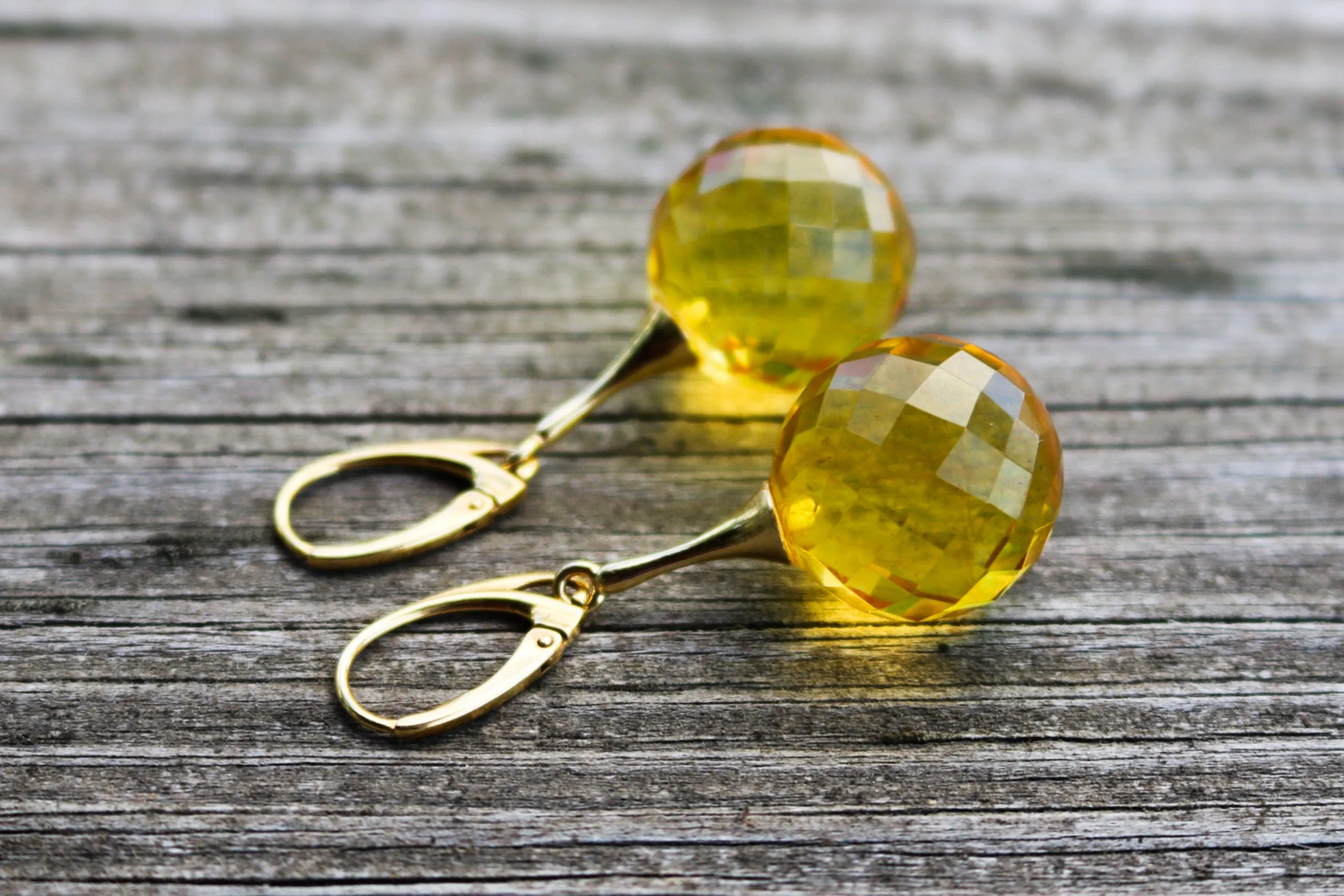 Baltic Amber Earrings Faceted Lemon Yellow Ball Gold Plated Dangling Jewelry 1.9" 8.7 gram