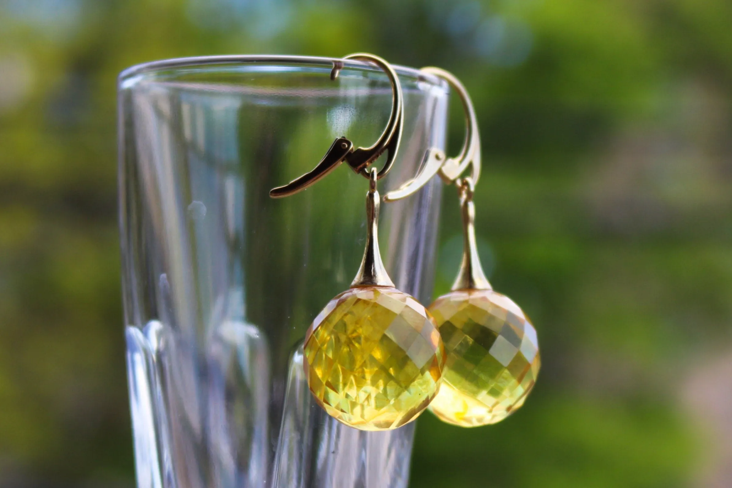 Baltic Amber Earrings Faceted Lemon Yellow Ball Gold Plated Dangling Jewelry 1.9" 8.7 gram