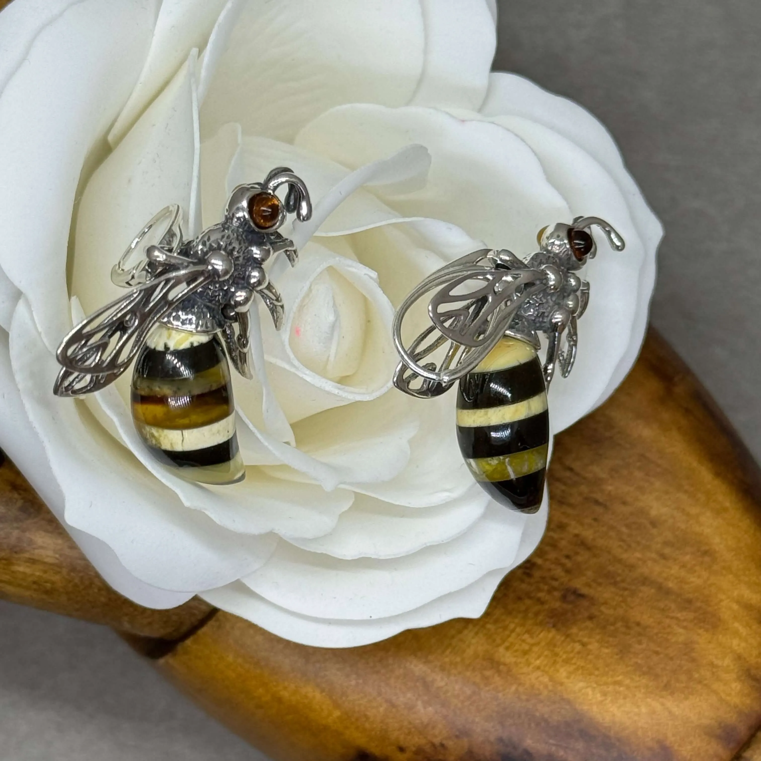Baltic Amber Large Bee Sterling Silver Lever Back Earrings