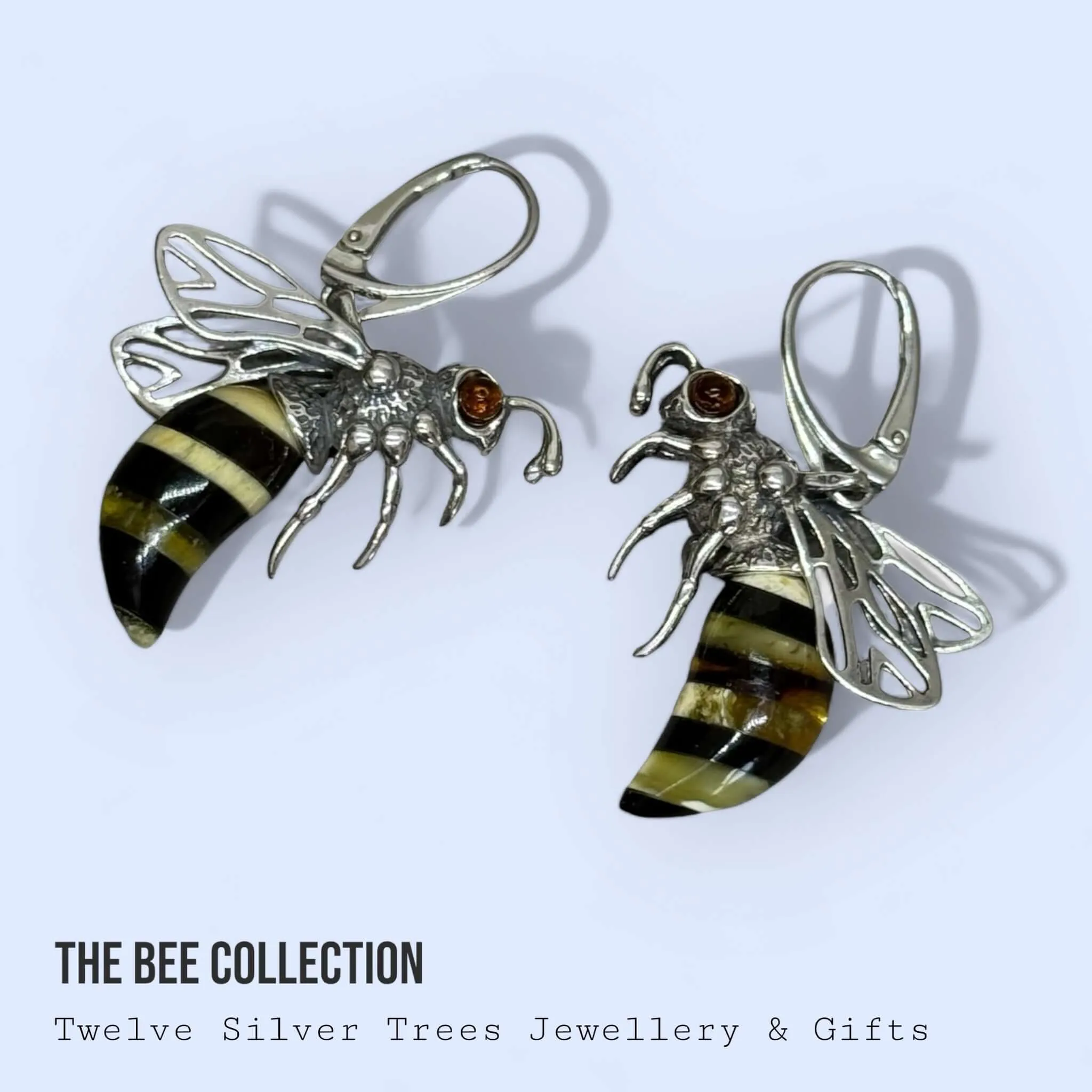 Baltic Amber Large Bee Sterling Silver Lever Back Earrings