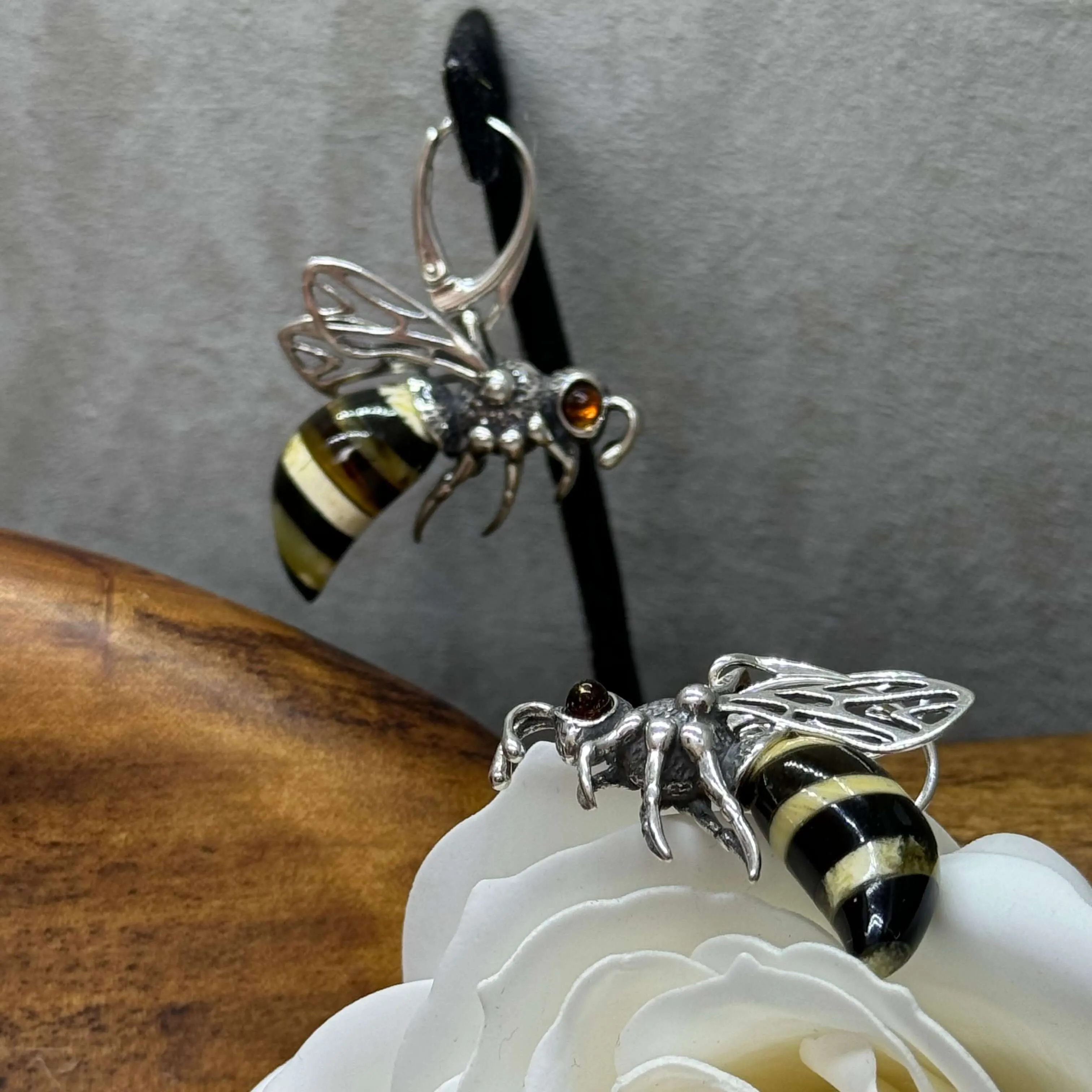 Baltic Amber Large Bee Sterling Silver Lever Back Earrings