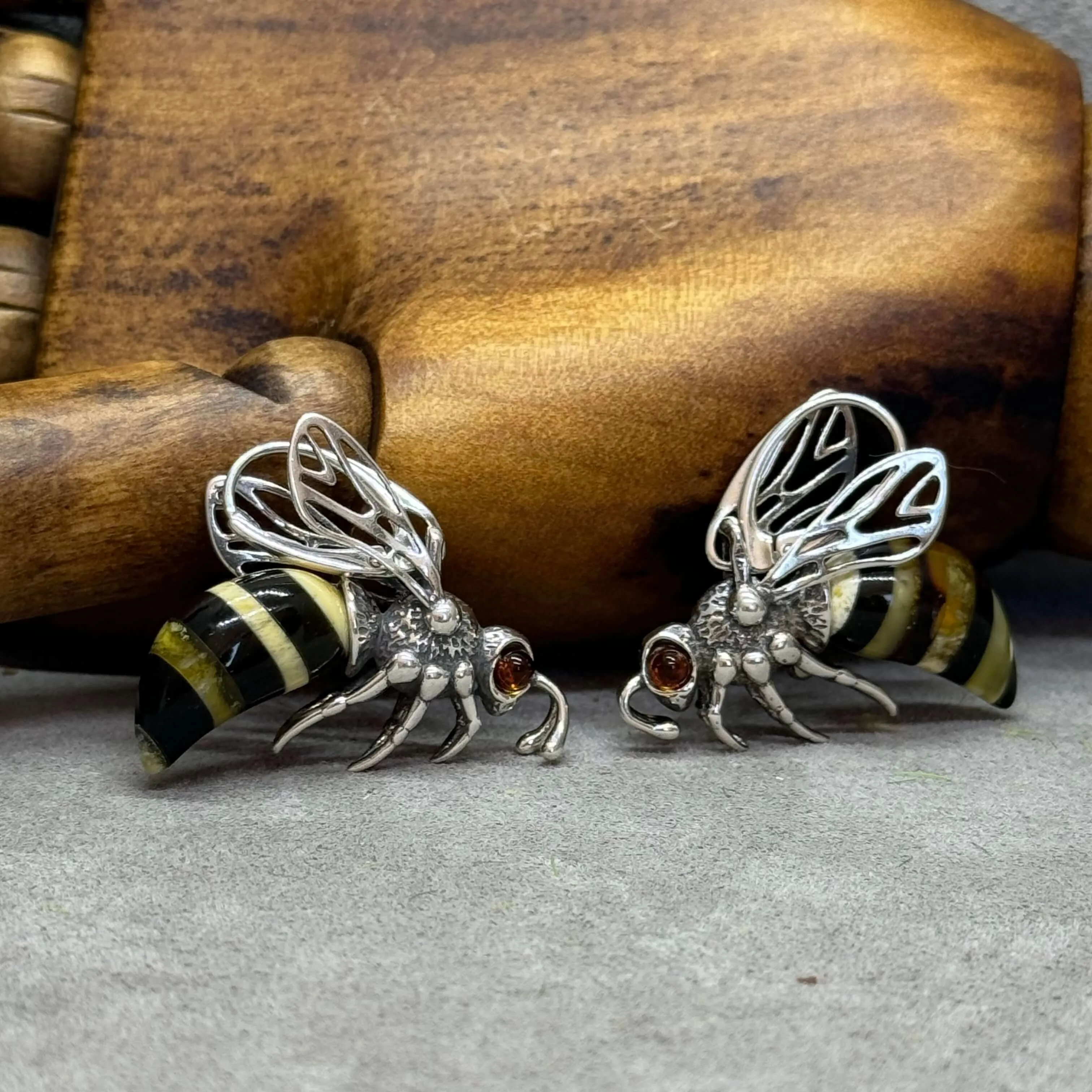 Baltic Amber Large Bee Sterling Silver Lever Back Earrings