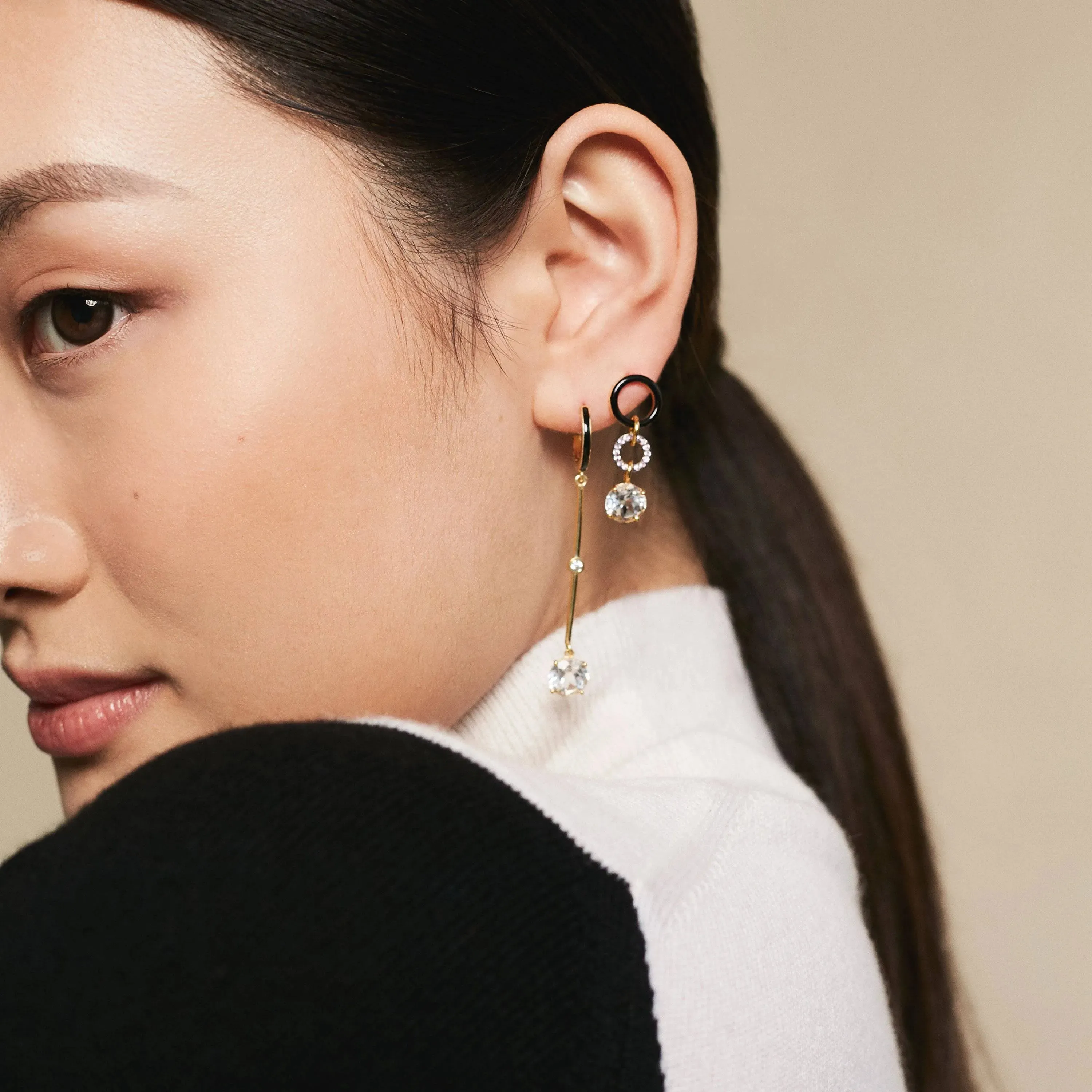 Black Enamel White Topaz Long Hoops
