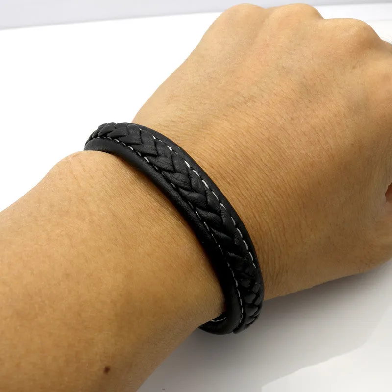 Black Genuine Leather Bracelet Men Bangle With Stainless Steel Fashion New Men Jewelry Rock Chunky Leather Men's Bracelets