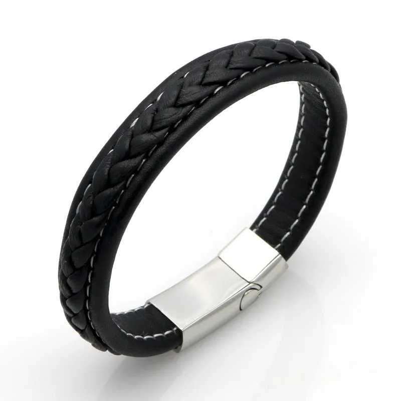 Black Genuine Leather Bracelet Men Bangle With Stainless Steel Fashion New Men Jewelry Rock Chunky Leather Men's Bracelets