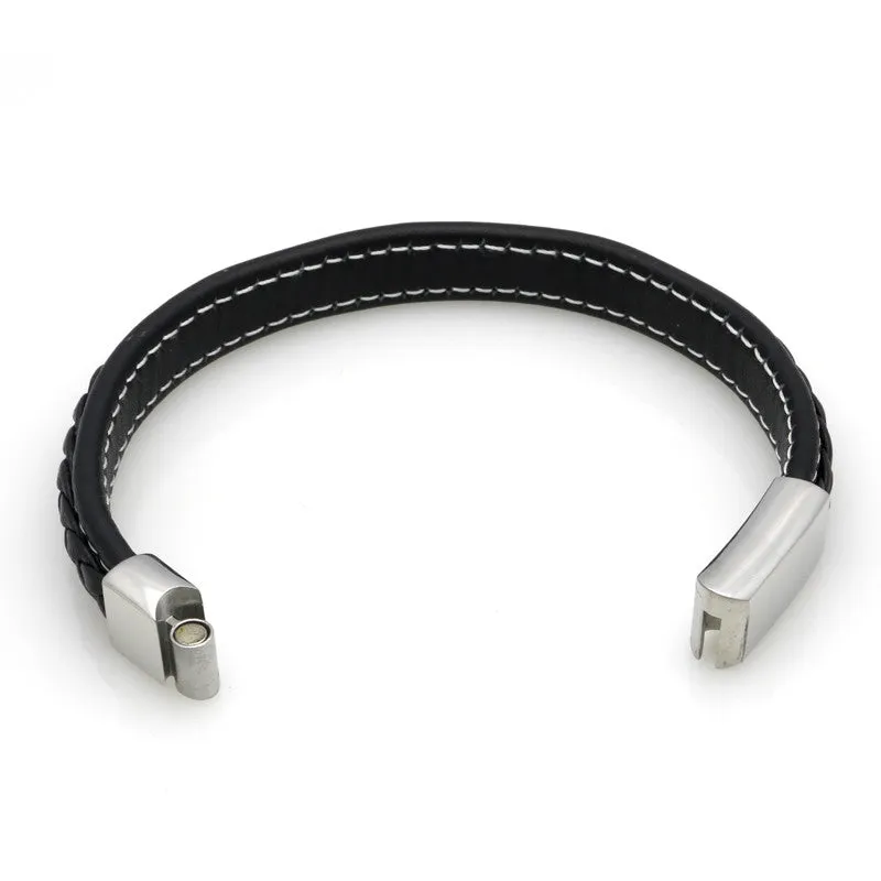 Black Genuine Leather Bracelet Men Bangle With Stainless Steel Fashion New Men Jewelry Rock Chunky Leather Men's Bracelets