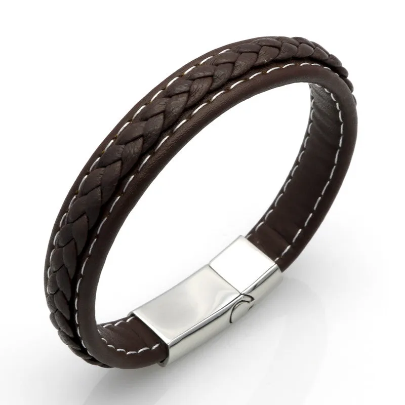 Black Genuine Leather Bracelet Men Bangle With Stainless Steel Fashion New Men Jewelry Rock Chunky Leather Men's Bracelets
