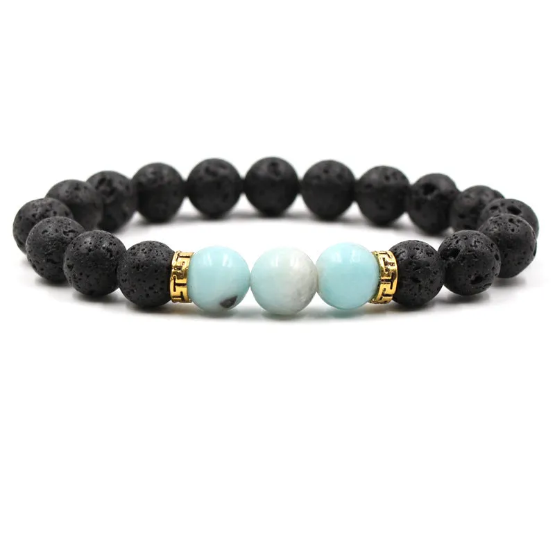 Black Lava Volcanic Stone Three Tiger Eye Stone White Turquoise Elastic Bracelet Gold
