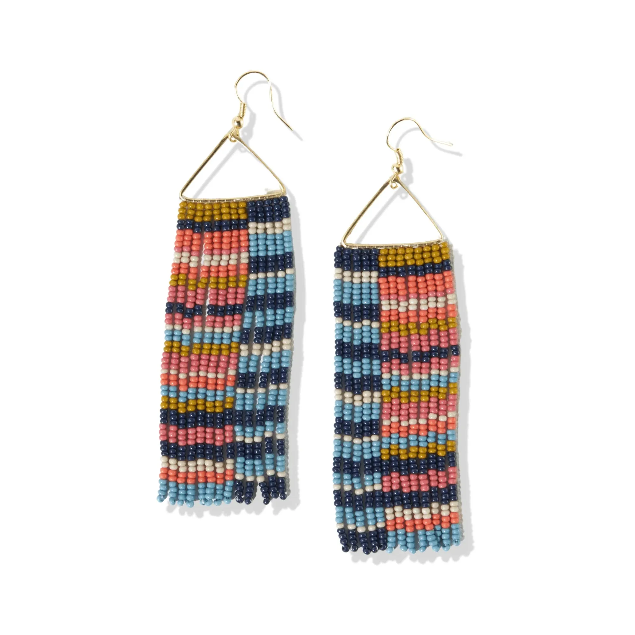 Brooke Horizontal Stripe Beaded Fringe Earrings Navy