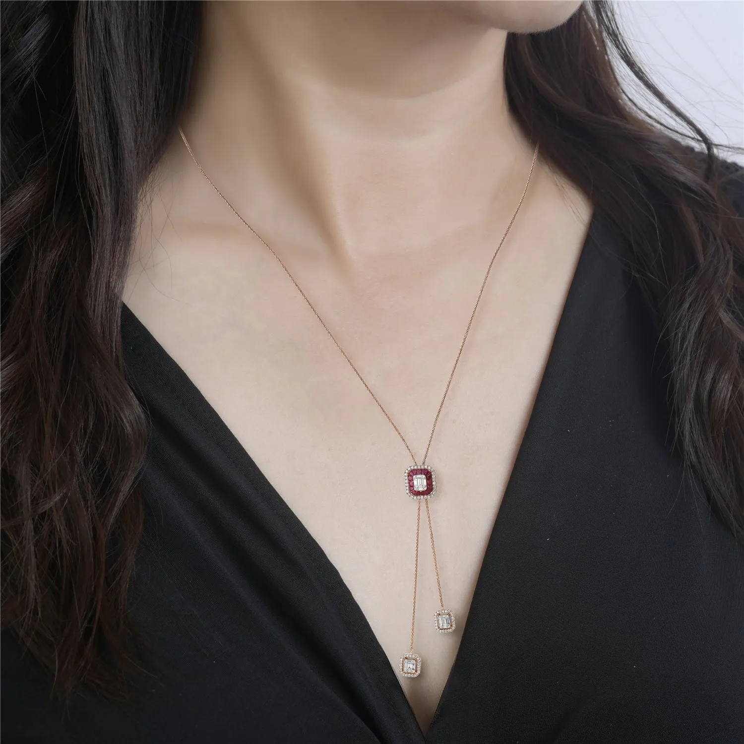 Channel Set Ruby Diamond Octagon Designer Necklace In 18k Gold