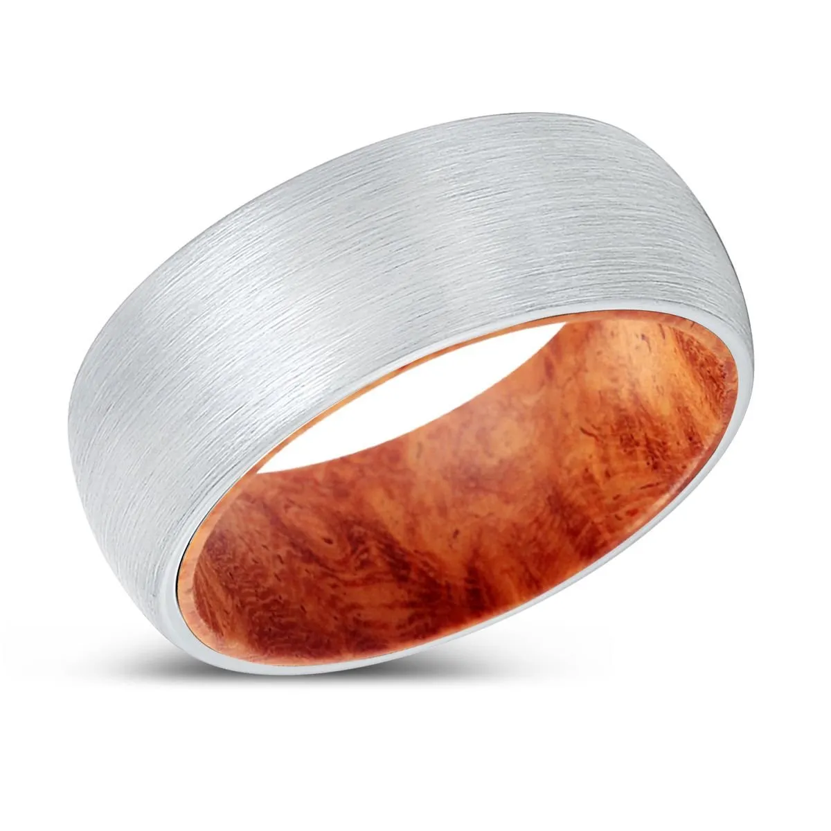 CHAOS | Red Burl Wood, White Tungsten Ring, Brushed, Domed