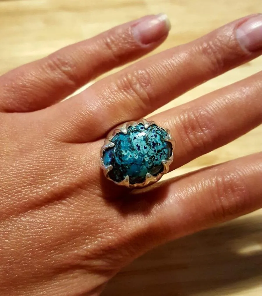 Chrysocolla Large Ring - Boho Statement Ring - Chrysocolla Silver Ring