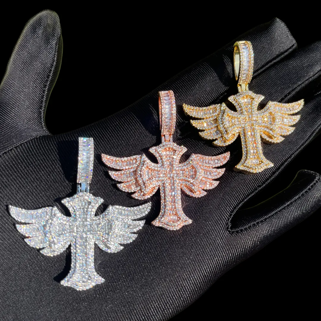 Cross Angle Wing Iced Out Diamond Pendant Necklace
