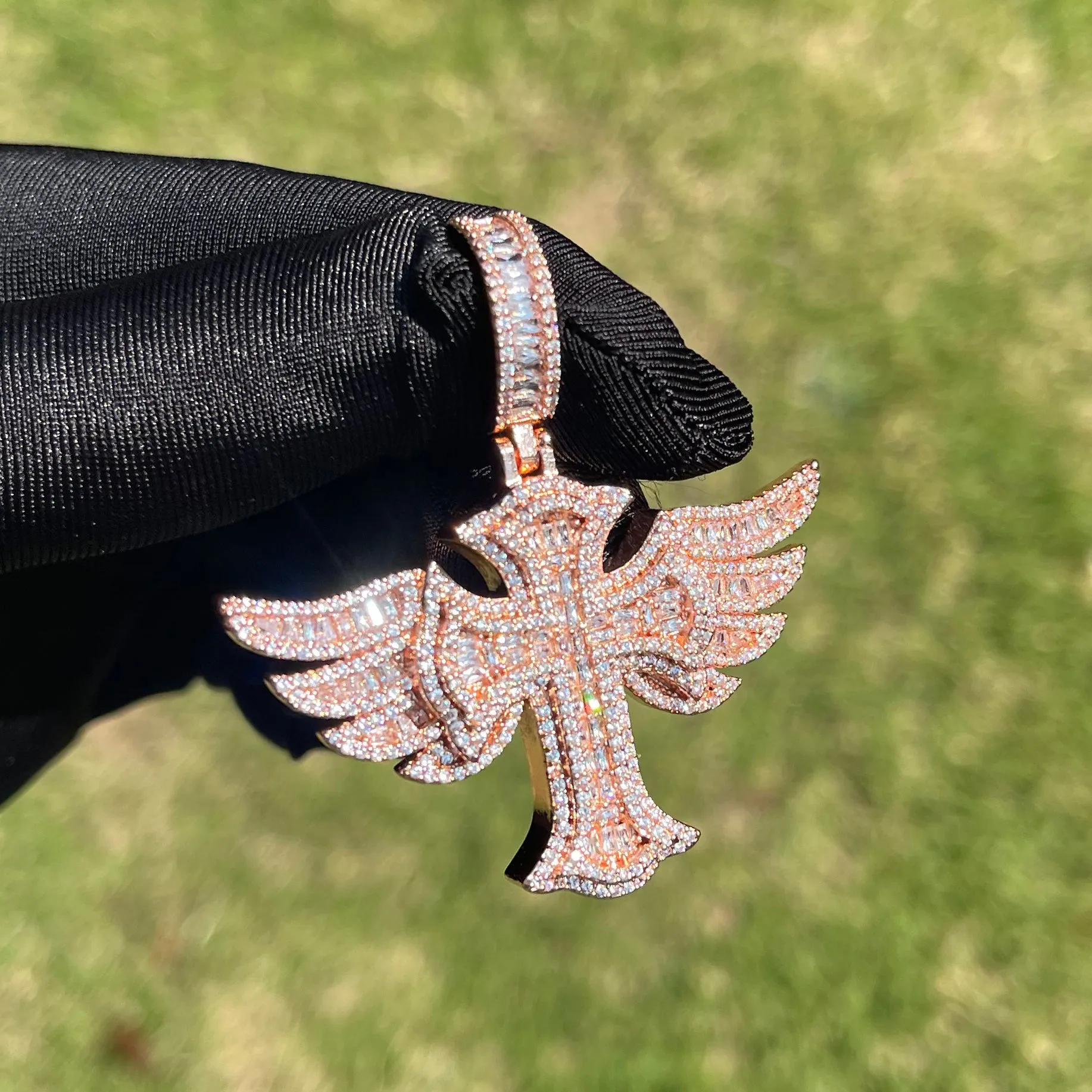 Cross Angle Wing Iced Out Diamond Pendant Necklace