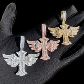 Cross Angle Wing Iced Out Diamond Pendant Necklace