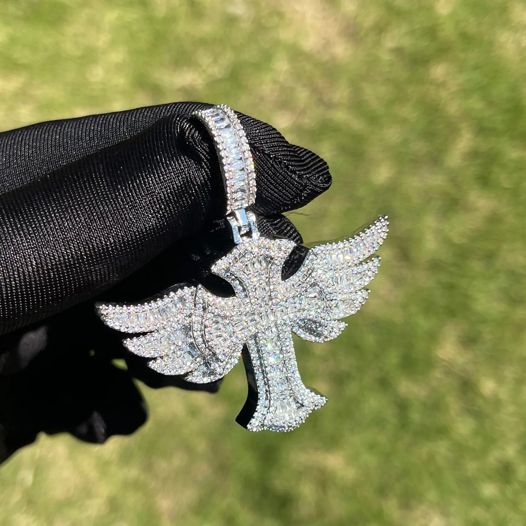 Cross Angle Wing Iced Out Diamond Pendant Necklace