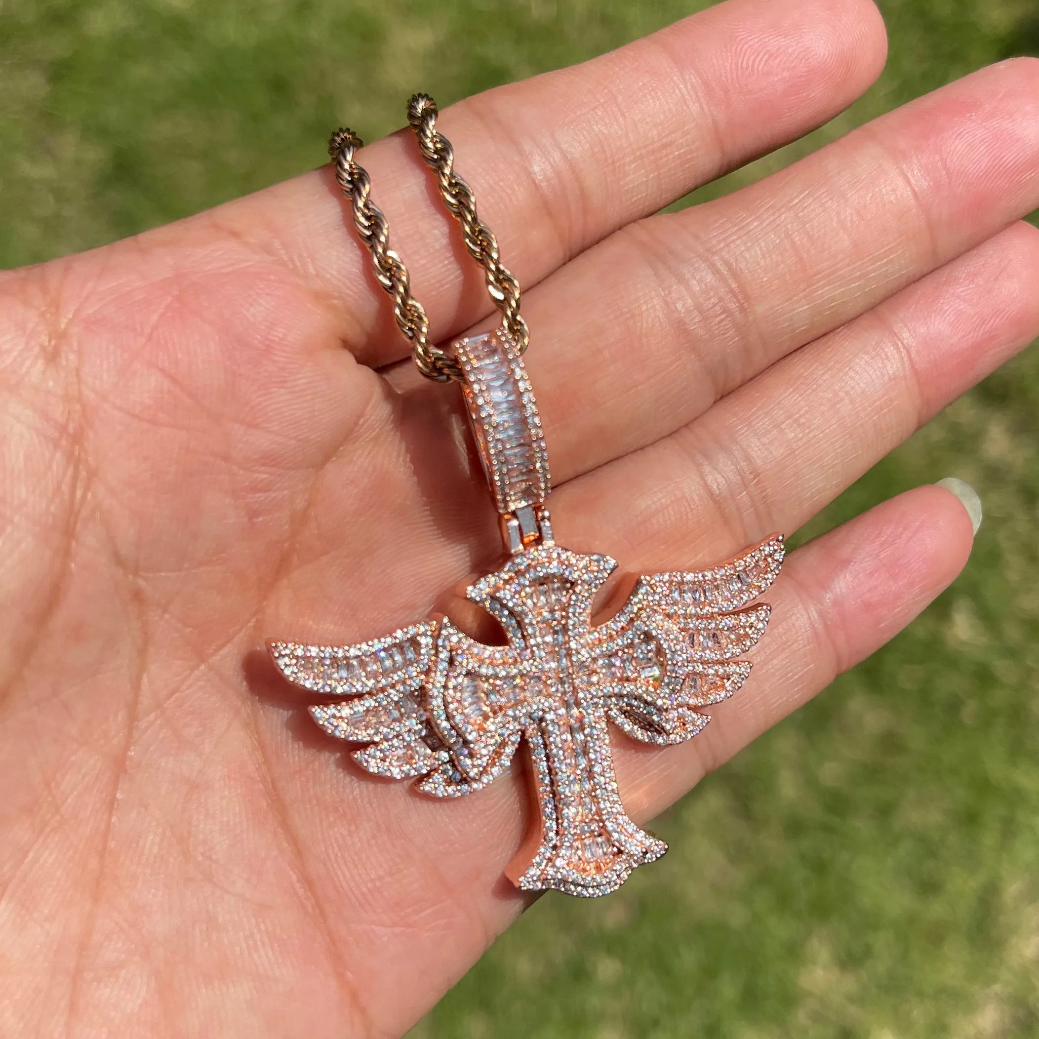 Cross Angle Wing Iced Out Diamond Pendant Necklace