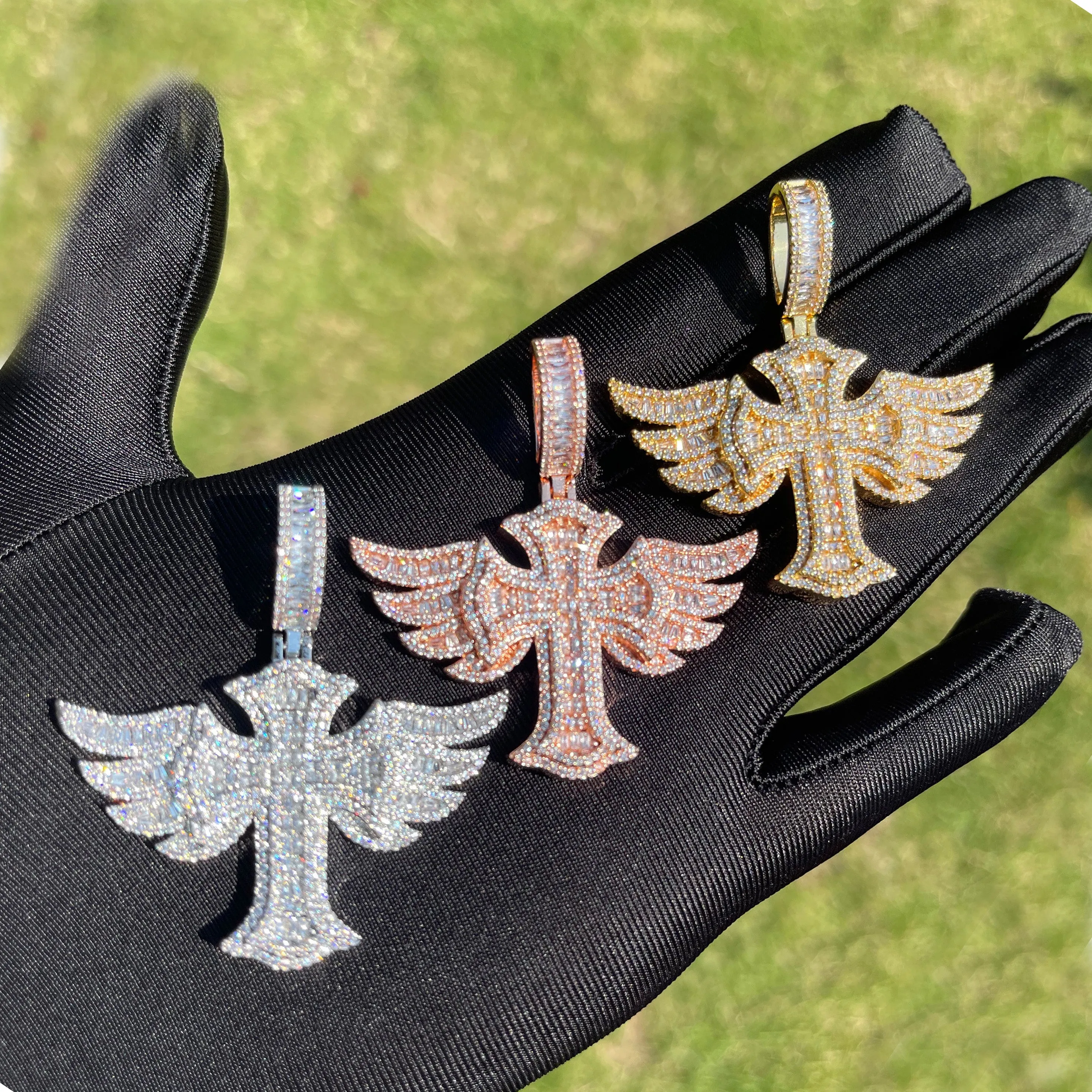 Cross Angle Wing Iced Out Diamond Pendant Necklace