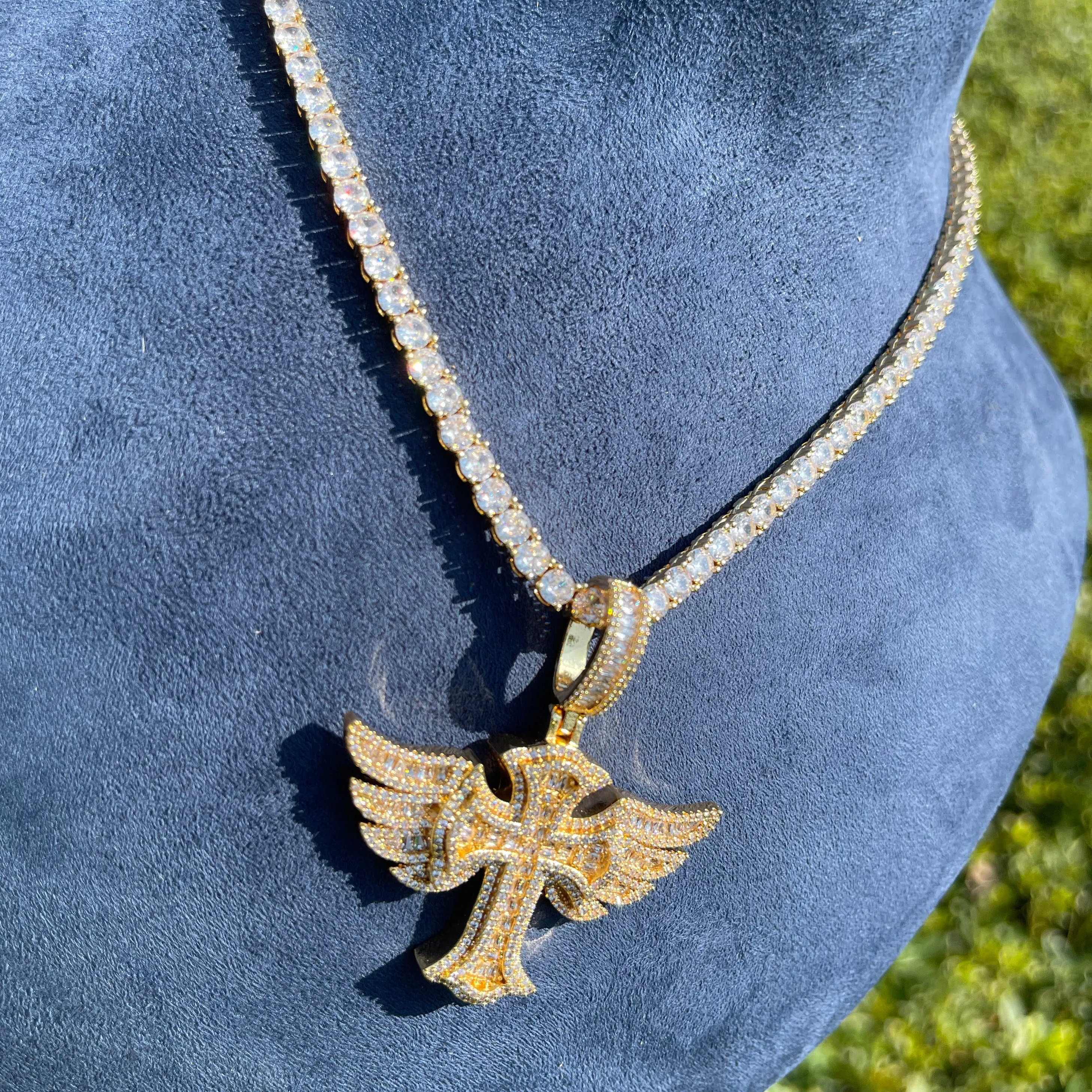 Cross Angle Wing Iced Out Diamond Pendant Necklace