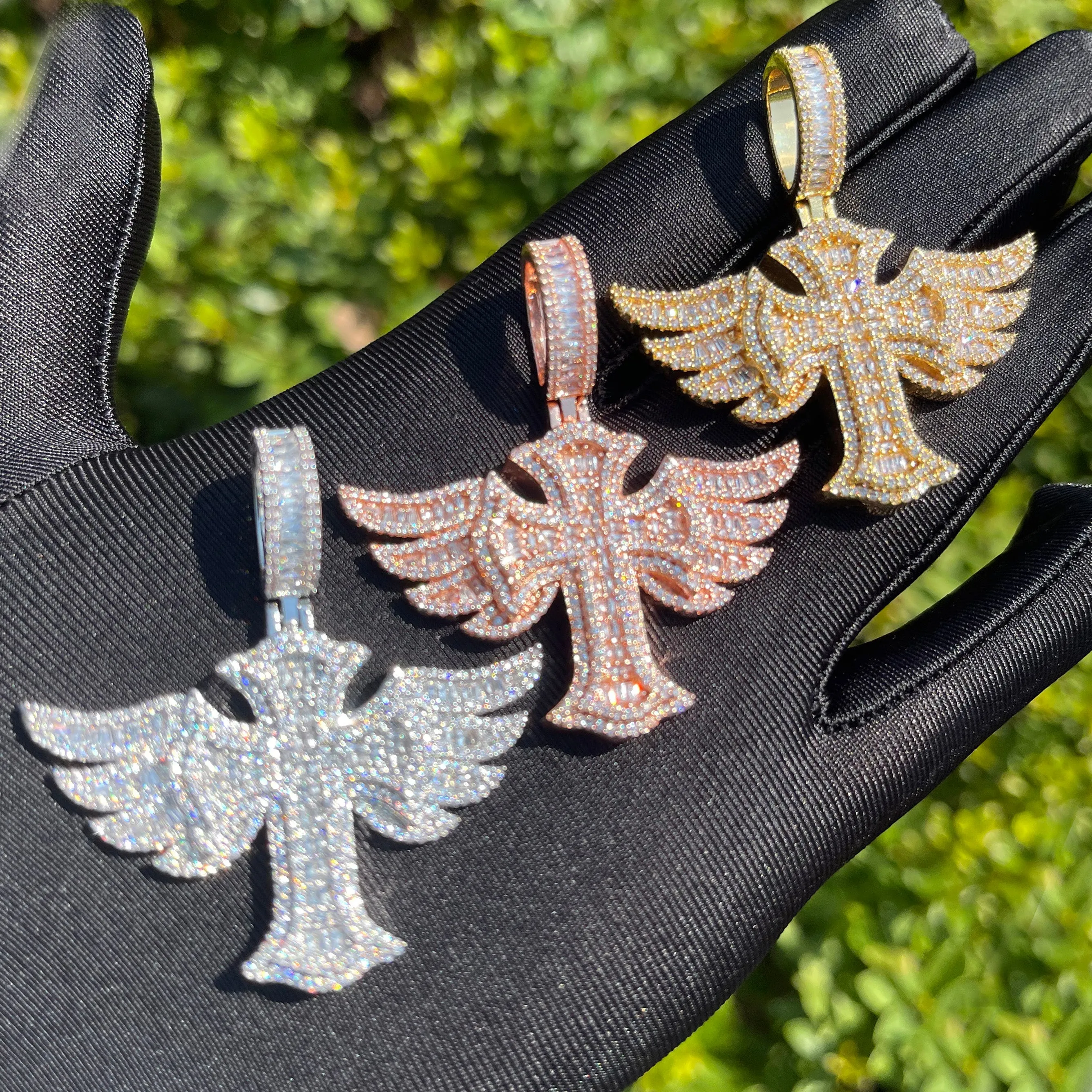 Cross Angle Wing Iced Out Diamond Pendant Necklace