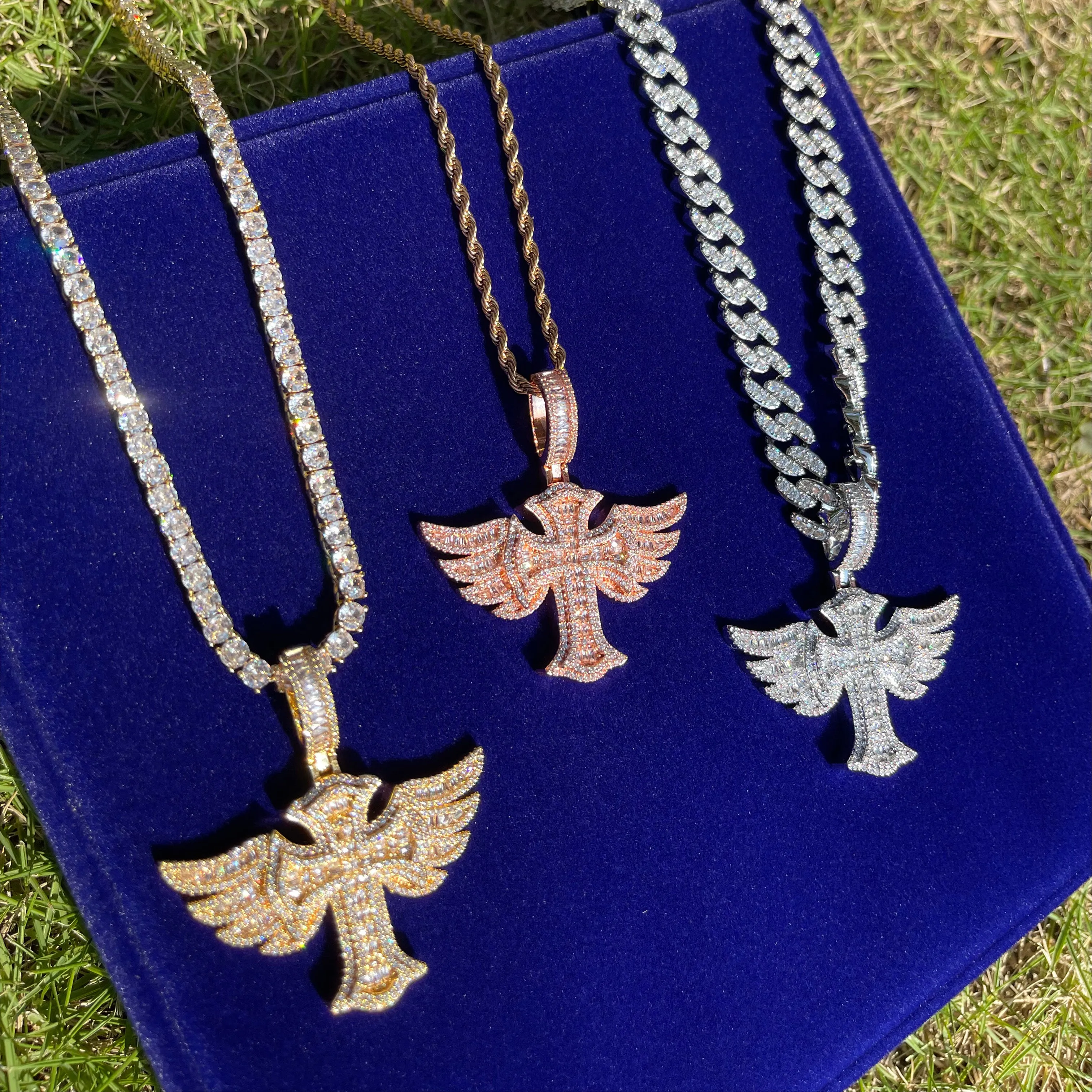 Cross Angle Wing Iced Out Diamond Pendant Necklace