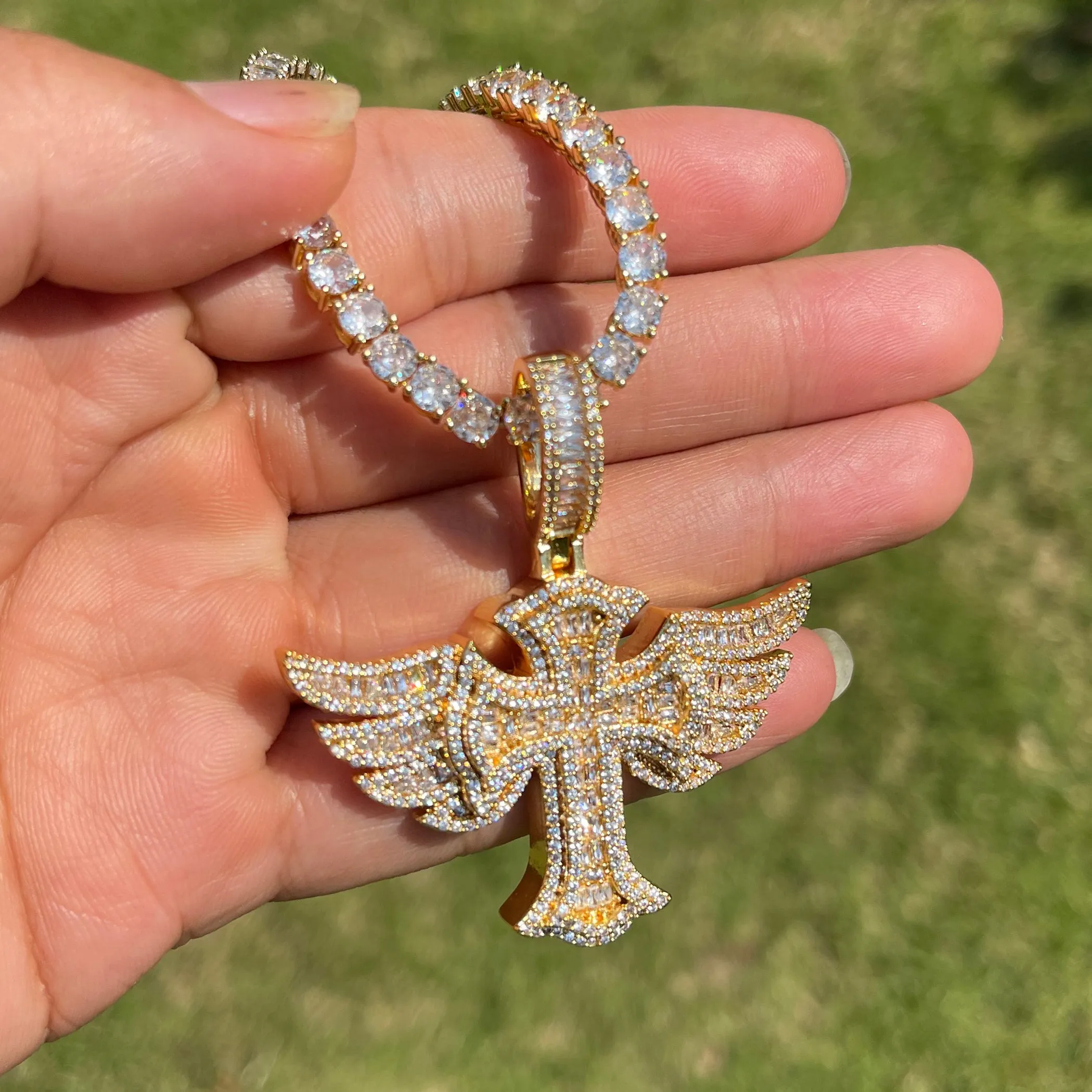 Cross Angle Wing Iced Out Diamond Pendant Necklace
