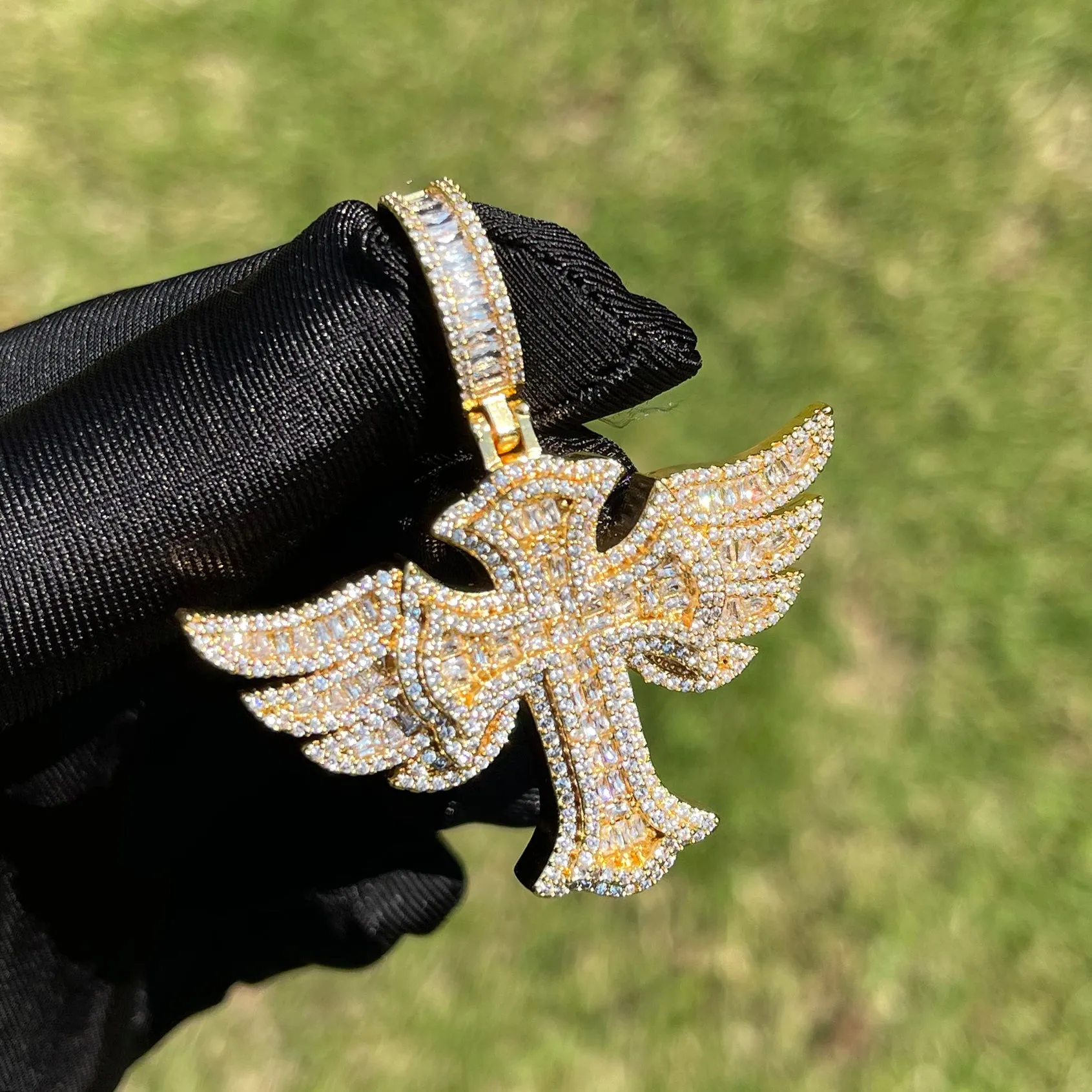 Cross Angle Wing Iced Out Diamond Pendant Necklace