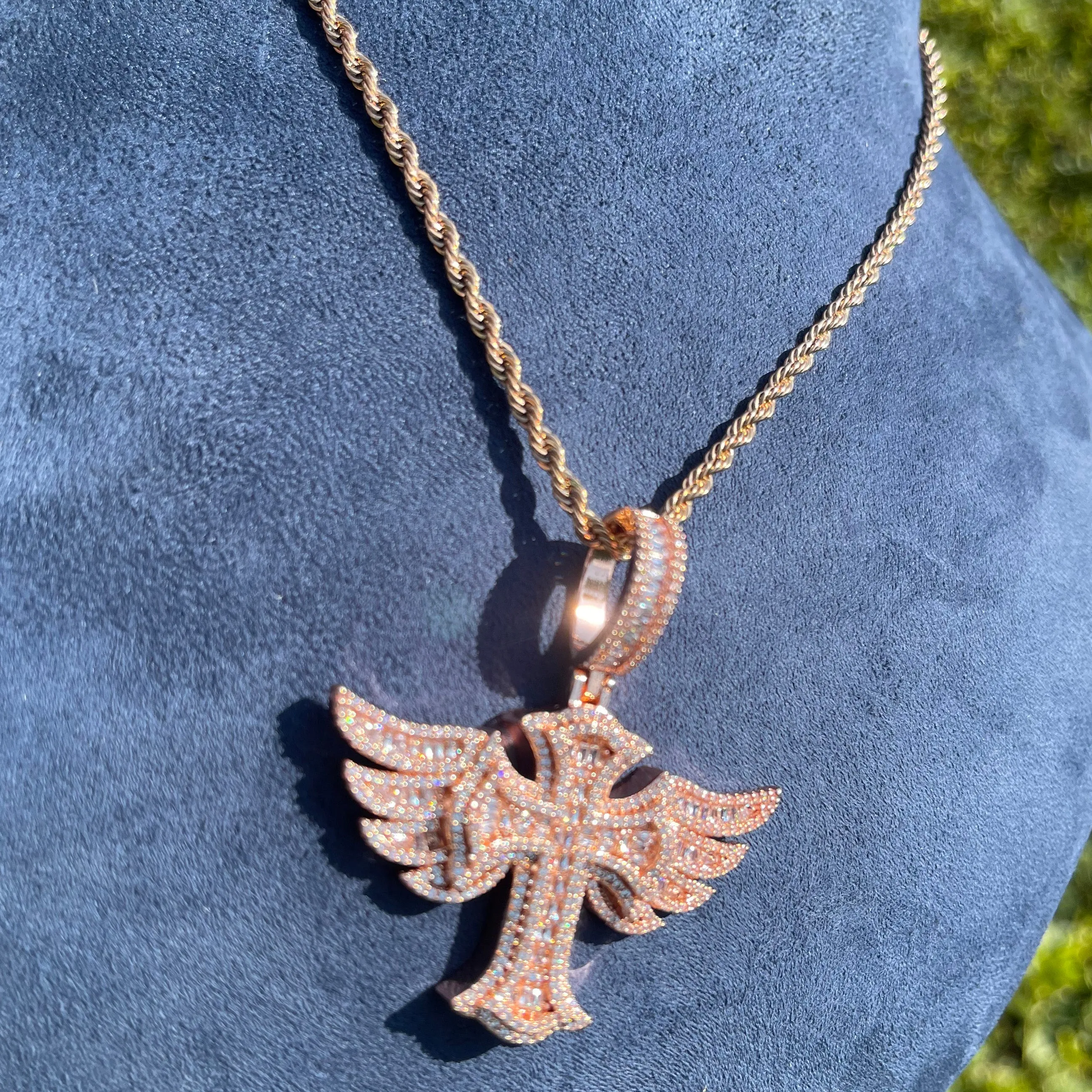 Cross Angle Wing Iced Out Diamond Pendant Necklace