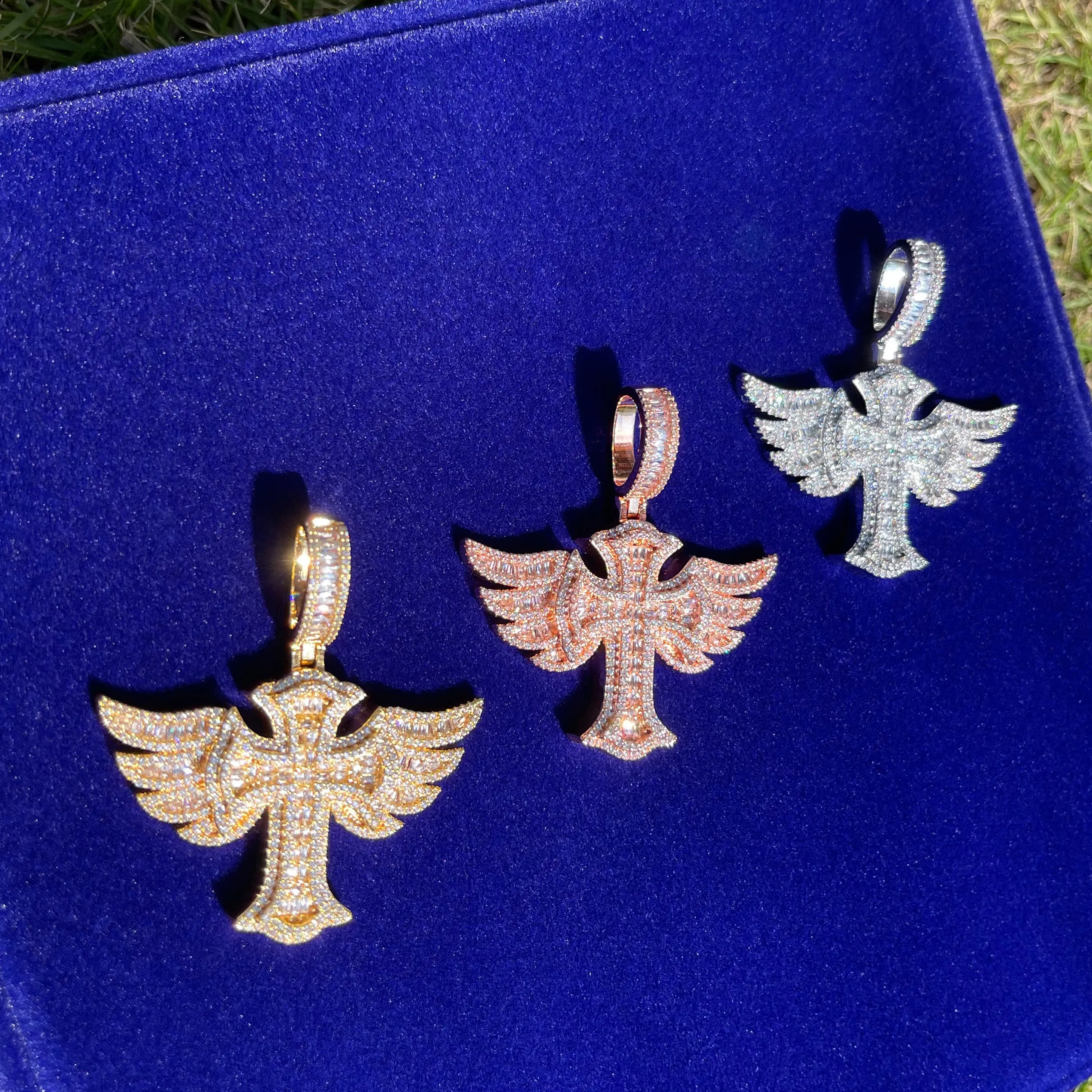 Cross Angle Wing Iced Out Diamond Pendant Necklace