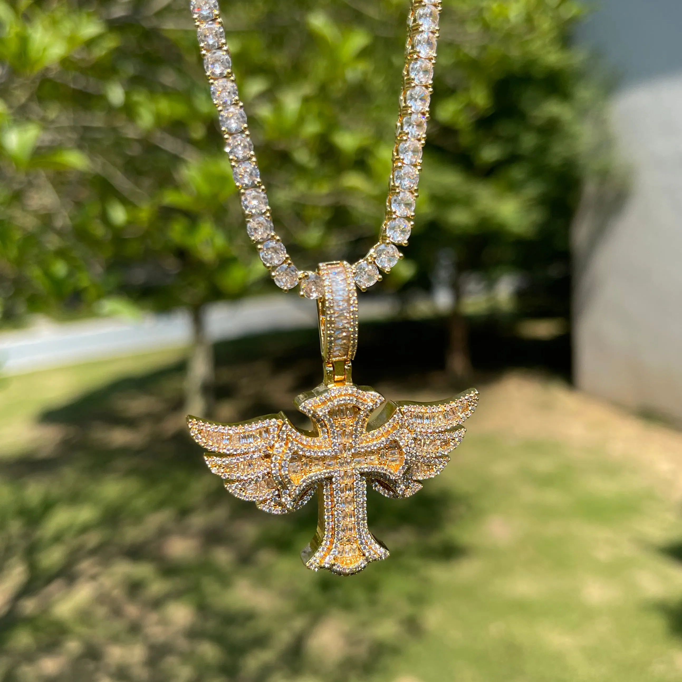 Cross Angle Wing Iced Out Diamond Pendant Necklace