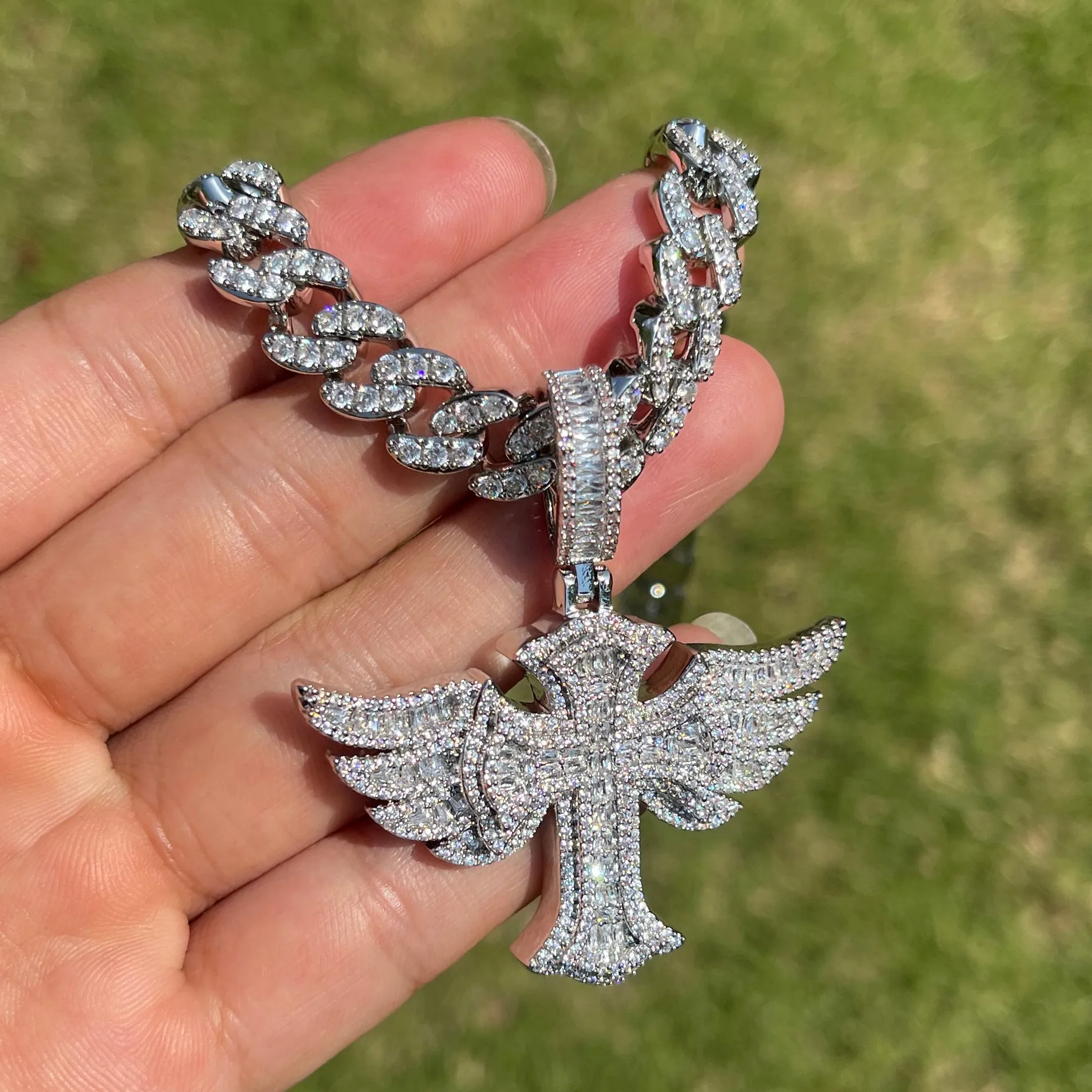 Cross Angle Wing Iced Out Diamond Pendant Necklace