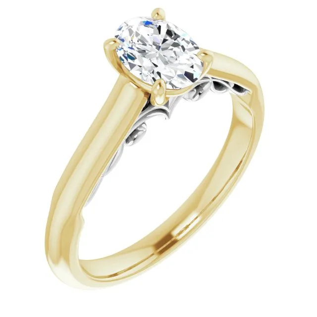 Cubic Zirconia Engagement Ring- The Adelaide (Customizable Oval Cut Cathedral Solitaire with Two-Tone Option Decorative Trellis 'Down Under')
