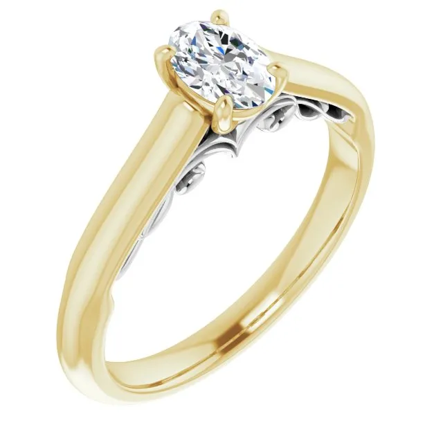 Cubic Zirconia Engagement Ring- The Adelaide (Customizable Oval Cut Cathedral Solitaire with Two-Tone Option Decorative Trellis 'Down Under')