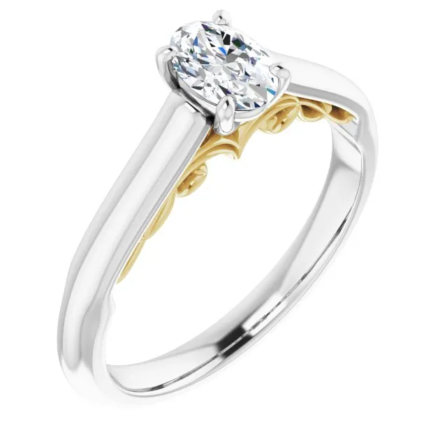 Cubic Zirconia Engagement Ring- The Adelaide (Customizable Oval Cut Cathedral Solitaire with Two-Tone Option Decorative Trellis 'Down Under')