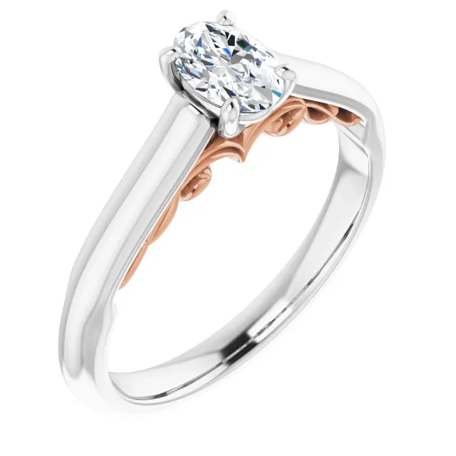 Cubic Zirconia Engagement Ring- The Adelaide (Customizable Oval Cut Cathedral Solitaire with Two-Tone Option Decorative Trellis 'Down Under')