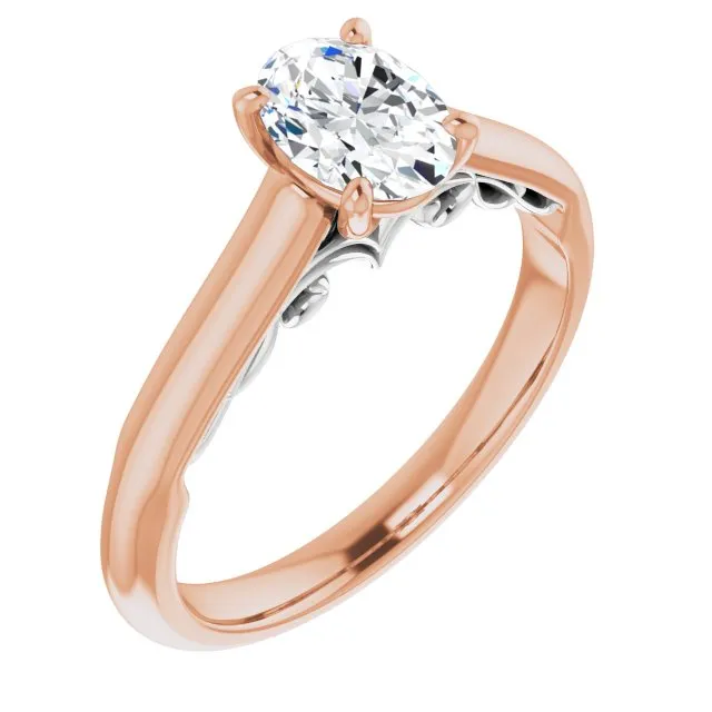 Cubic Zirconia Engagement Ring- The Adelaide (Customizable Oval Cut Cathedral Solitaire with Two-Tone Option Decorative Trellis 'Down Under')