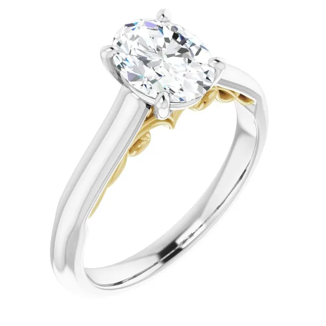 Cubic Zirconia Engagement Ring- The Adelaide (Customizable Oval Cut Cathedral Solitaire with Two-Tone Option Decorative Trellis 'Down Under')