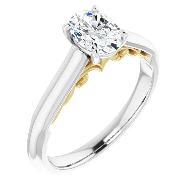 Cubic Zirconia Engagement Ring- The Adelaide (Customizable Oval Cut Cathedral Solitaire with Two-Tone Option Decorative Trellis 'Down Under')