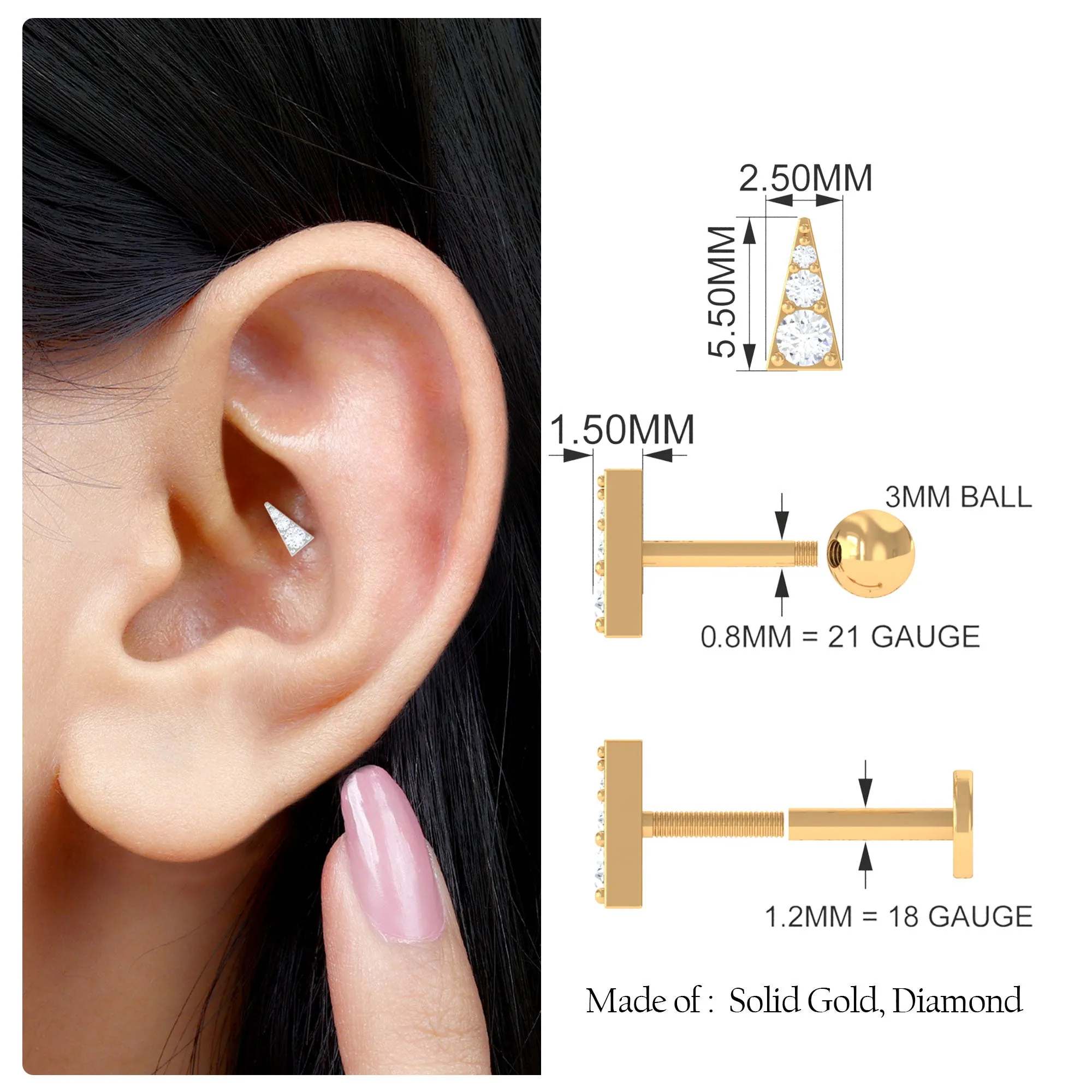 Dainty Diamond Gold Triangle Tragus Earring