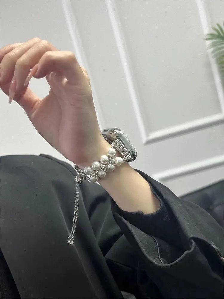 Diamond Studded Chain Pearl Strap iWatch Band Series 12 3 4 5 6 7 8 9 Ultra Generation 38mm 40mm 41mm 42mm 44mm 45mm 49mm   Apple Watch Case