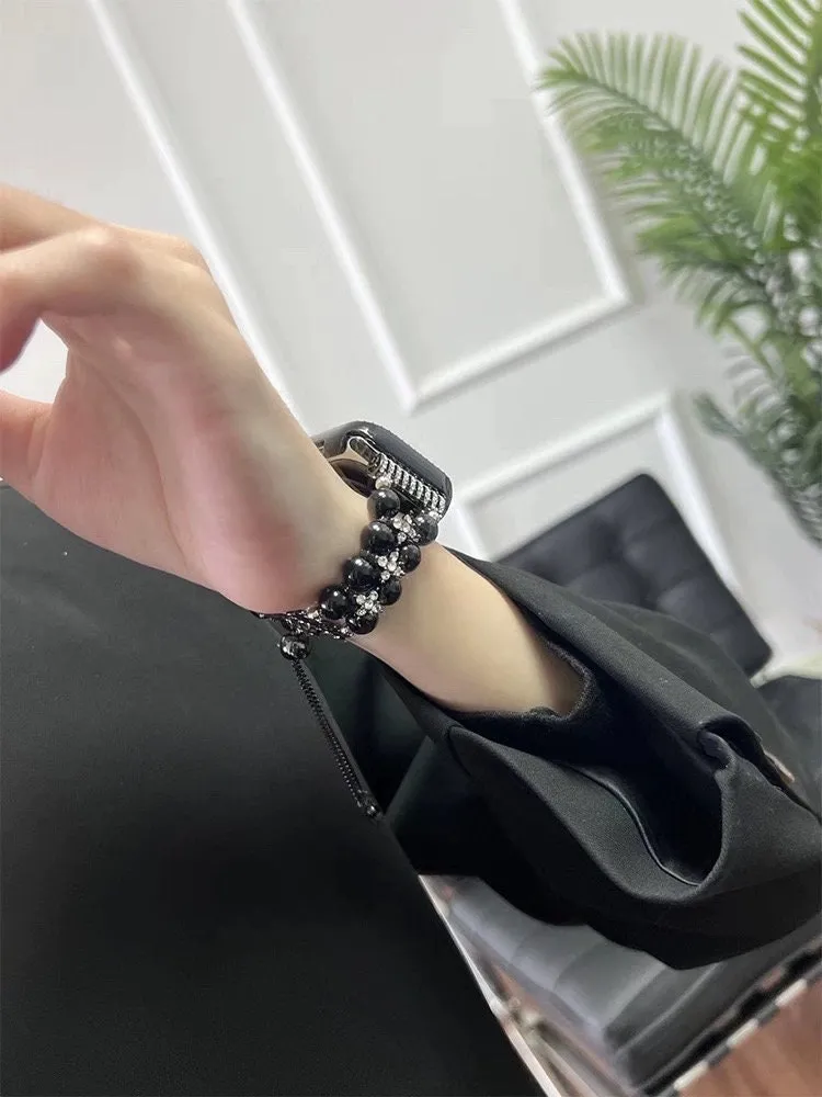 Diamond Studded Chain Pearl Strap iWatch Band Series 12 3 4 5 6 7 8 9 Ultra Generation 38mm 40mm 41mm 42mm 44mm 45mm 49mm   Apple Watch Case