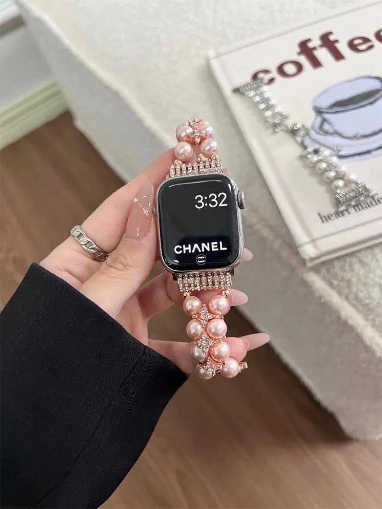 Diamond Studded Chain Pearl Strap iWatch Band Series 12 3 4 5 6 7 8 9 Ultra Generation 38mm 40mm 41mm 42mm 44mm 45mm 49mm   Apple Watch Case