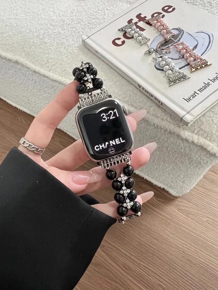 Diamond Studded Chain Pearl Strap iWatch Band Series 12 3 4 5 6 7 8 9 Ultra Generation 38mm 40mm 41mm 42mm 44mm 45mm 49mm   Apple Watch Case