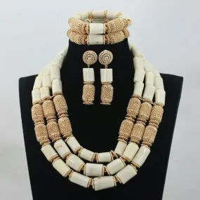 Elegant White Coral embelished with Gold Balls Bridal Party African Nigerian Jewellery Set