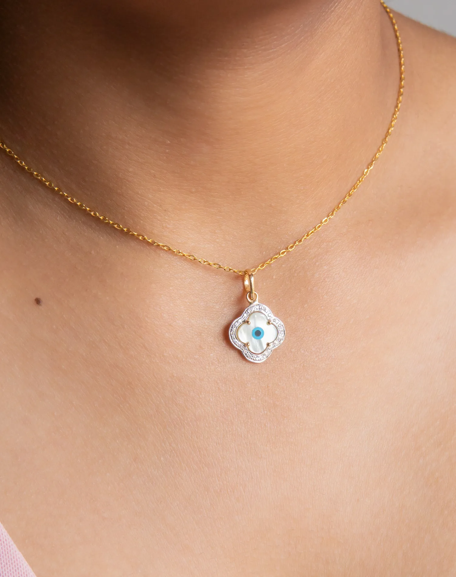 Evil Eye Charm Pendant - Clover with Diamonds